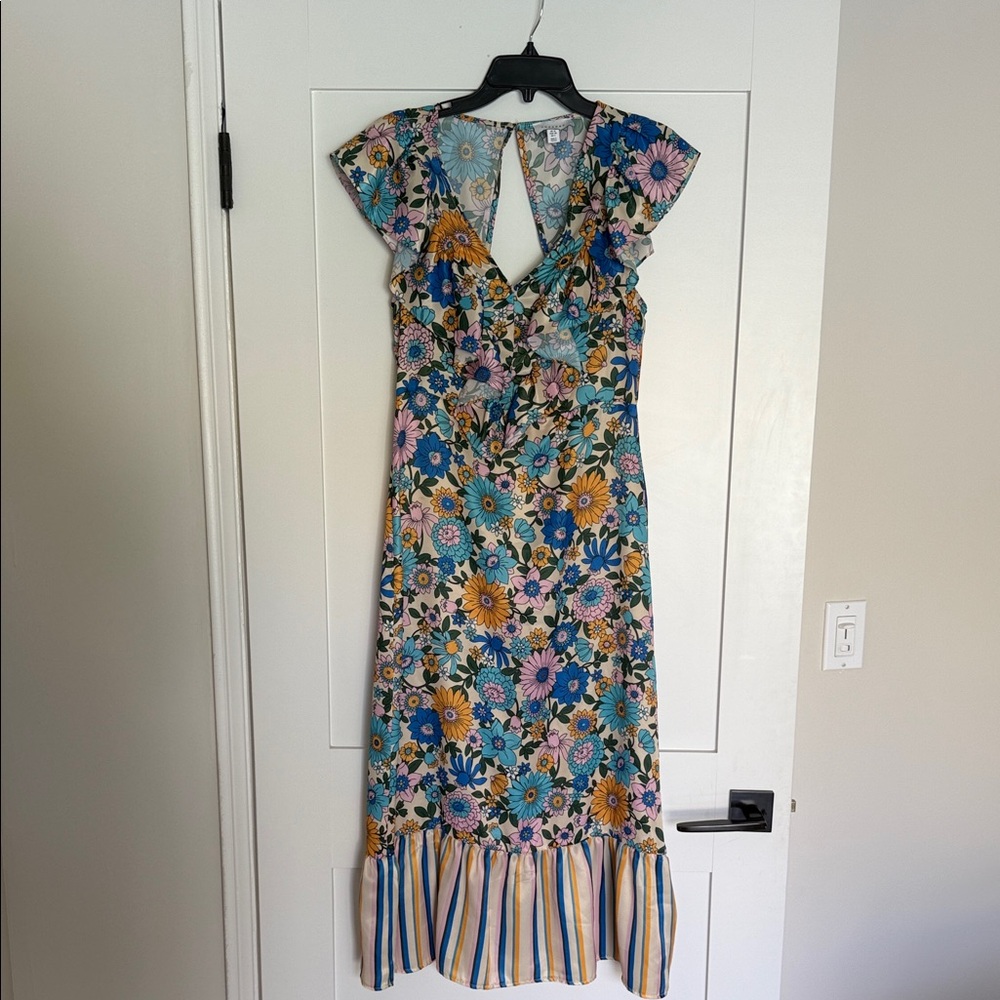 Topshop Multicolor Floral Midi Dress. Contrast hem and open back.